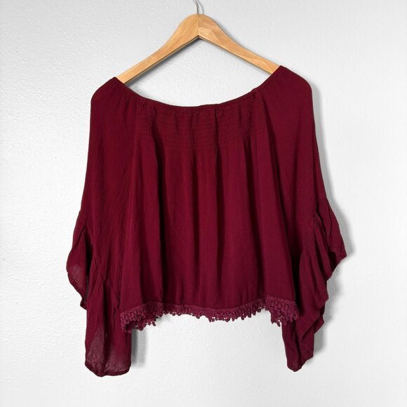 Chelsea & Violet Off-the-Shoulder Burgundy Blouse Bell Sleeve Womens XS Boho Y2K - Picture 6 of 16